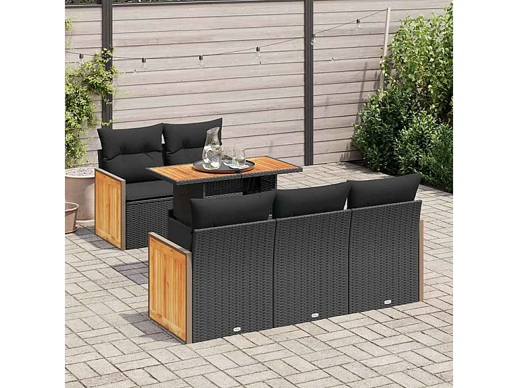 Salon de jardin 6 pcs avec coussins noir résine tressée acacia