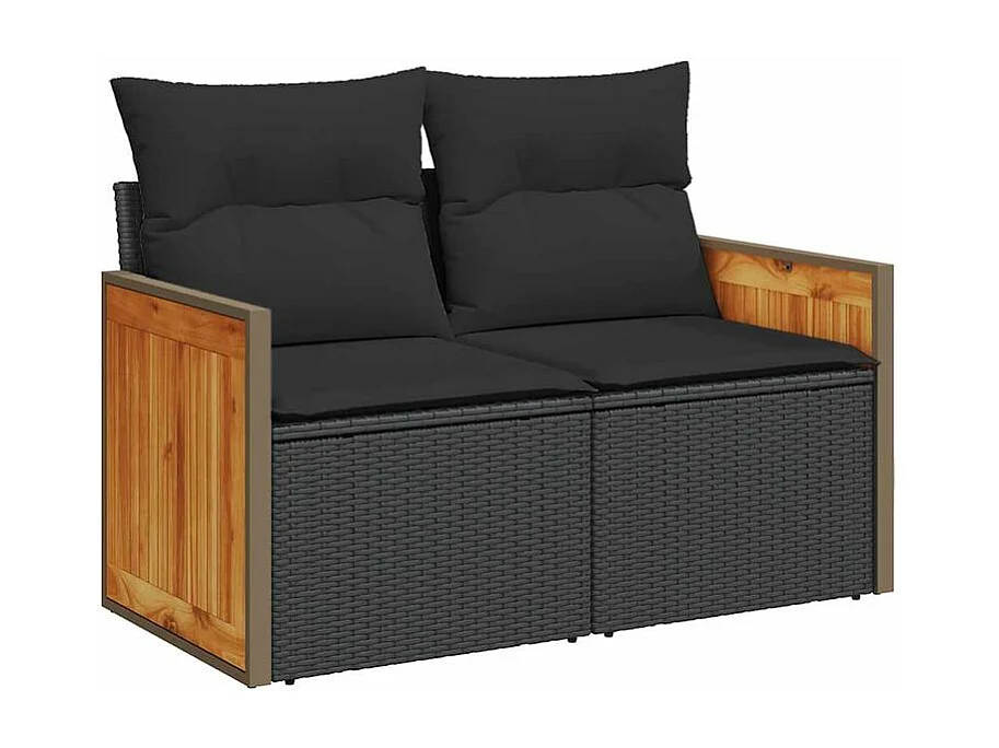 Salon de jardin 6 pcs avec coussins noir résine tressée acacia