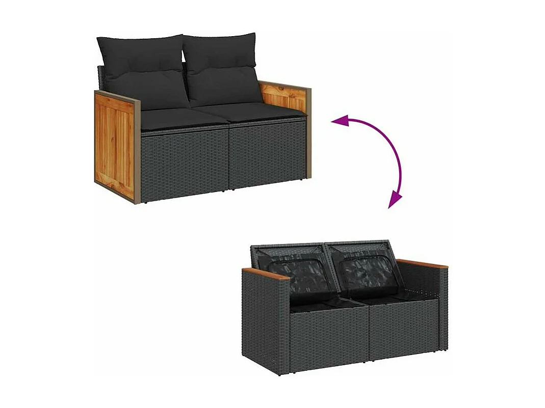 Salon de jardin 6 pcs avec coussins noir résine tressée acacia