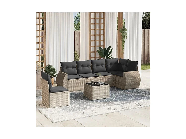 Salon de jardin avec coussins 7 pcs gris clair résine tressée