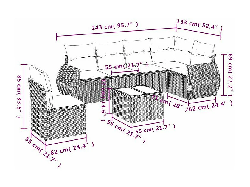 Salon de jardin avec coussins 7 pcs gris clair résine tressée