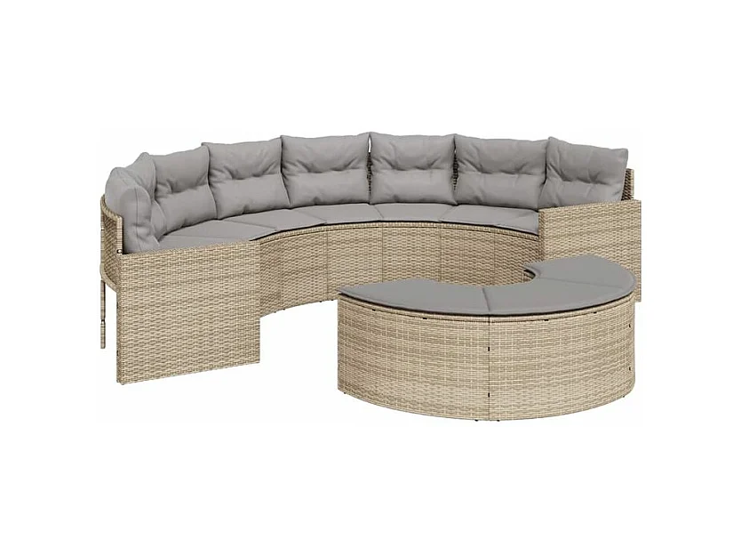Canapé de jardin avec coussins demi-rond beige résine tressée