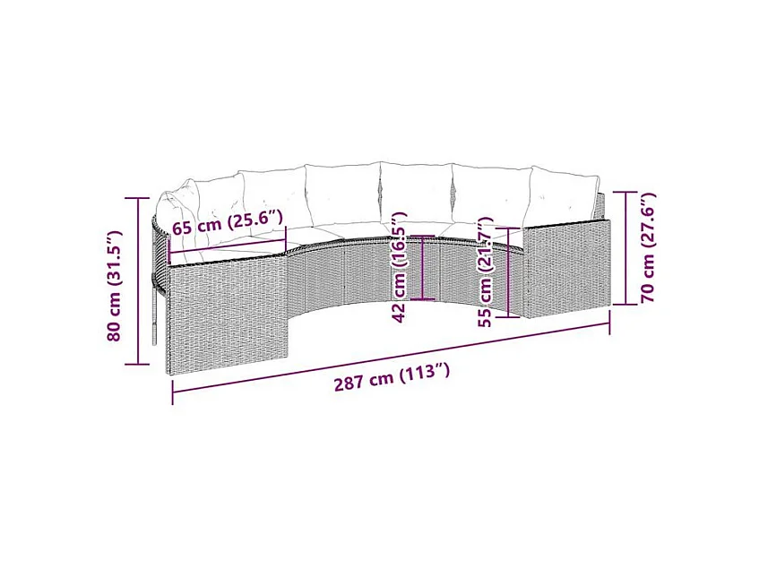 Canapé de jardin avec coussins demi-rond beige résine tressée