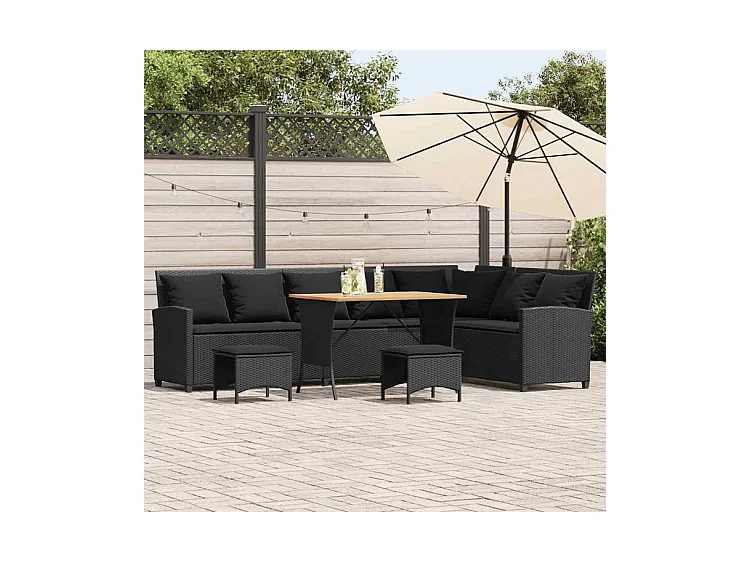 Salon de jardin 4 pcs avec coussins forme L noir résine tressée
