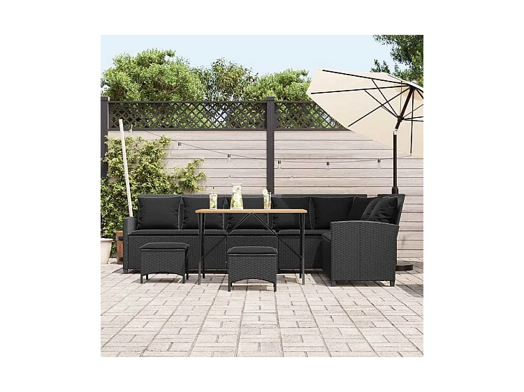 Salon de jardin 4 pcs avec coussins forme L noir résine tressée