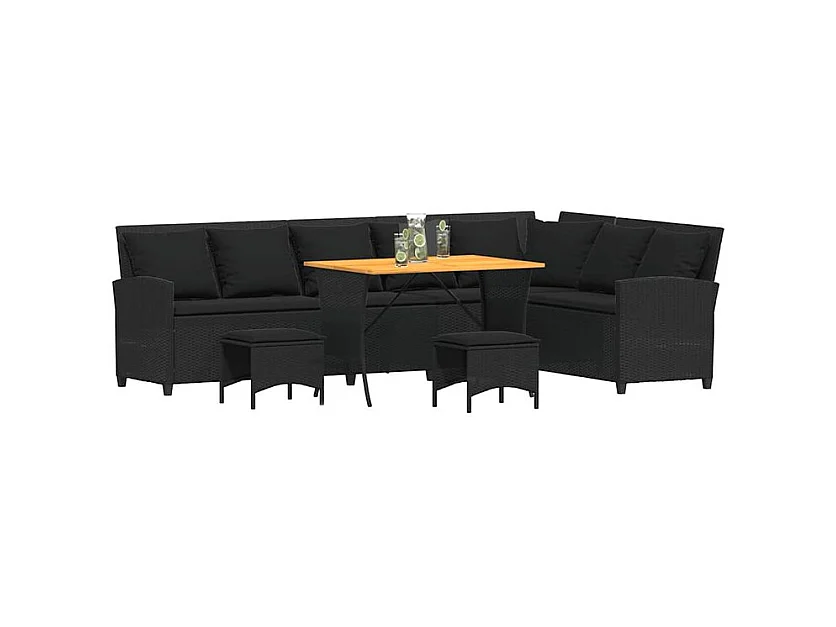 Salon de jardin 4 pcs avec coussins forme L noir résine tressée