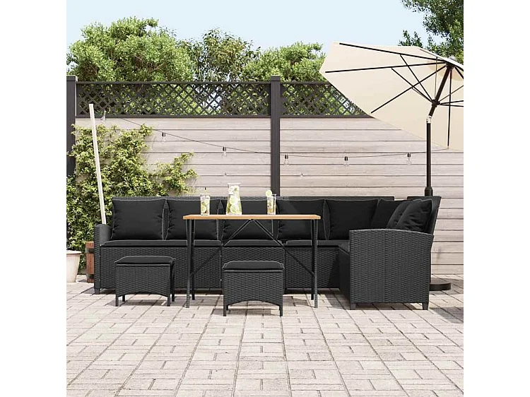 Salon de jardin 4 pcs avec coussins forme L noir résine tressée