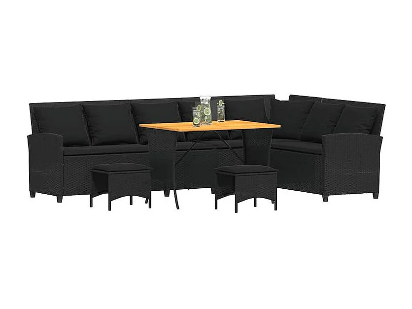 Salon de jardin 4 pcs avec coussins forme L noir résine tressée