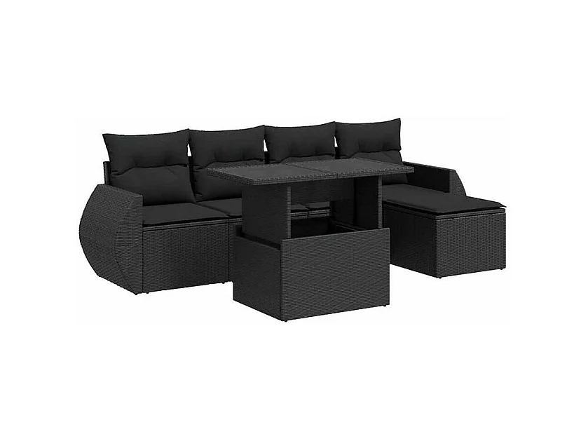 Salon de jardin 6 pcs avec coussins noir résine tressée