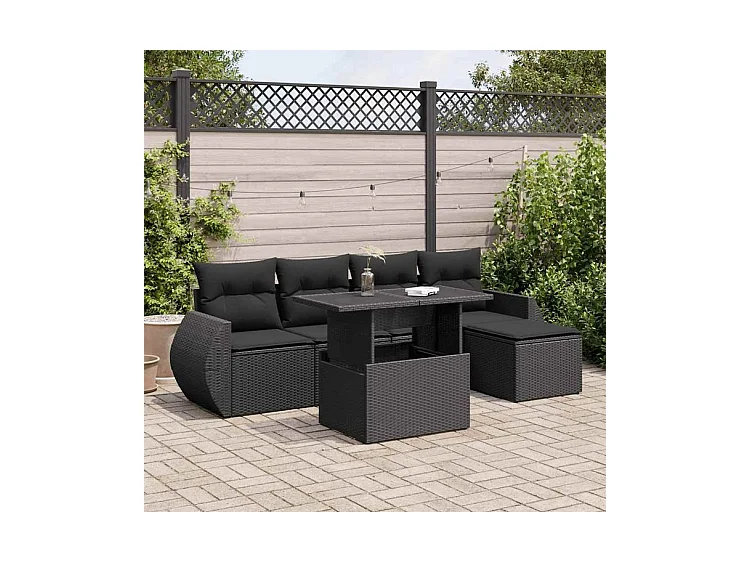 Salon de jardin 6 pcs avec coussins noir résine tressée