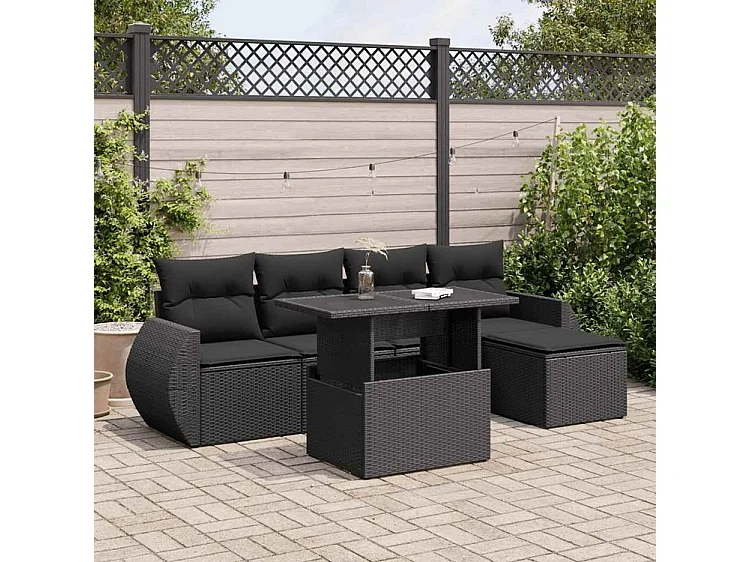 Salon de jardin 6 pcs avec coussins noir résine tressée
