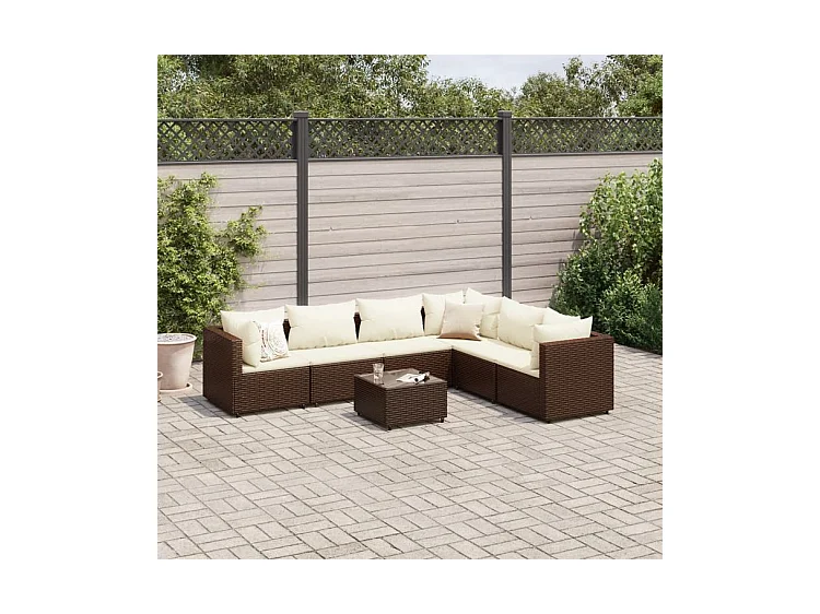 Salon de jardin avec coussins 7 pcs marron résine tressée