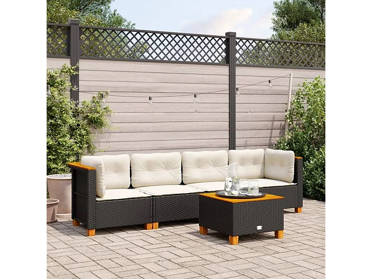 Salon de jardin 5 pcs avec coussins noir résine tressée