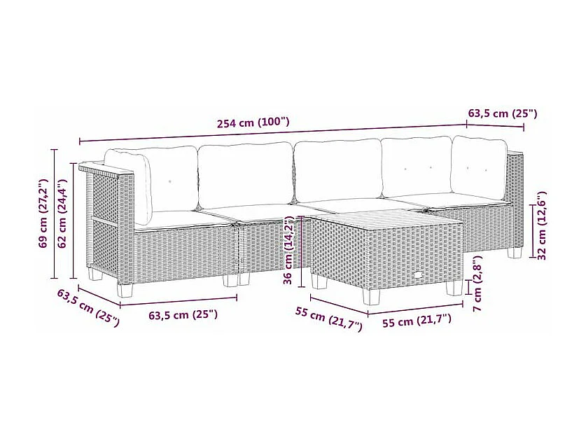 Salon de jardin 5 pcs avec coussins noir résine tressée