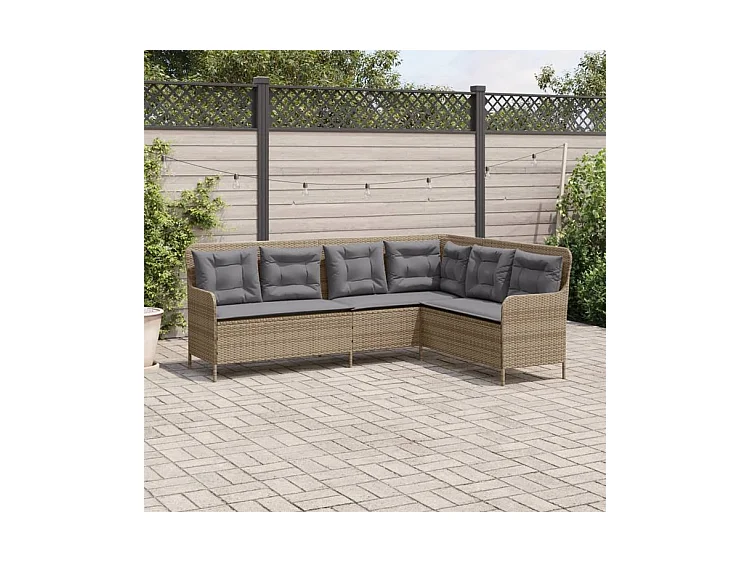 Canapé de jardin avec coussins forme de L beige résine tressée