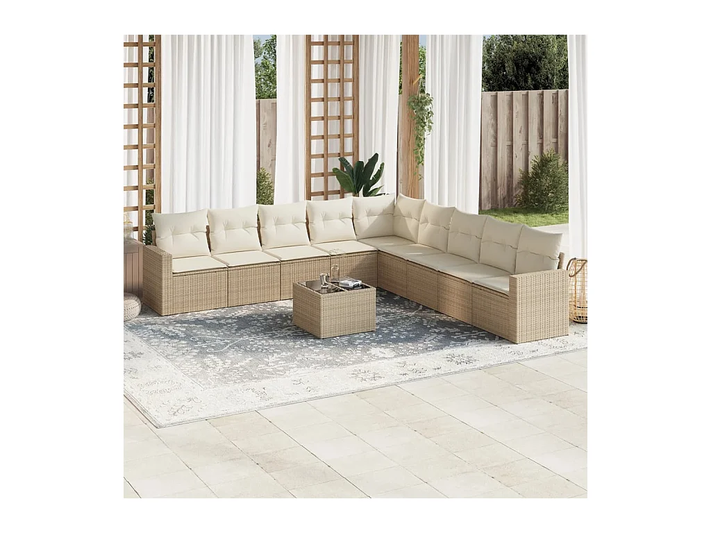 Salon de jardin avec coussins 10 pcs beige résine tressée