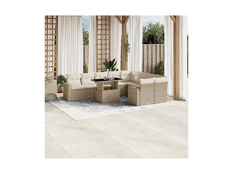 Salon de jardin avec coussins 10 pcs beige résine tressée