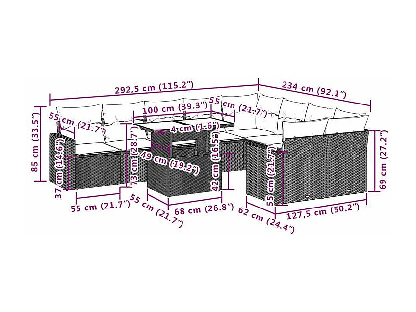Salon de jardin avec coussins 10 pcs beige résine tressée