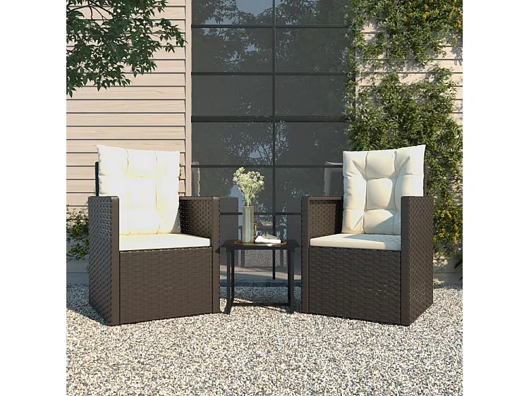 Salon de jardin avec coussins 3 pcs résine tressée noir