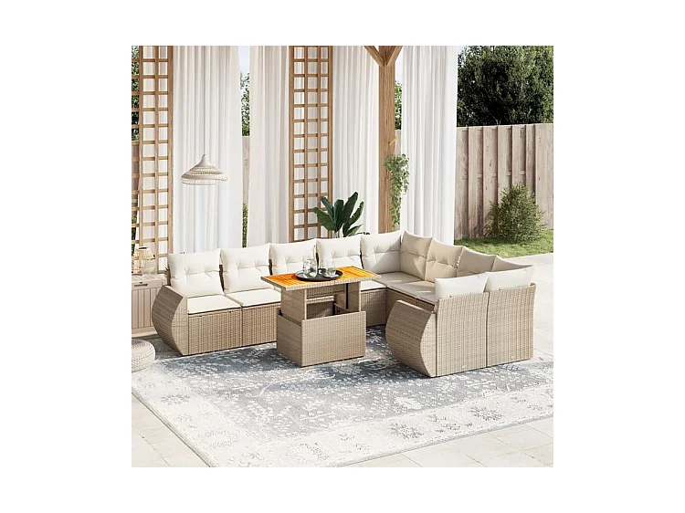 Salon de jardin avec coussins 10 pcs beige résine tressée