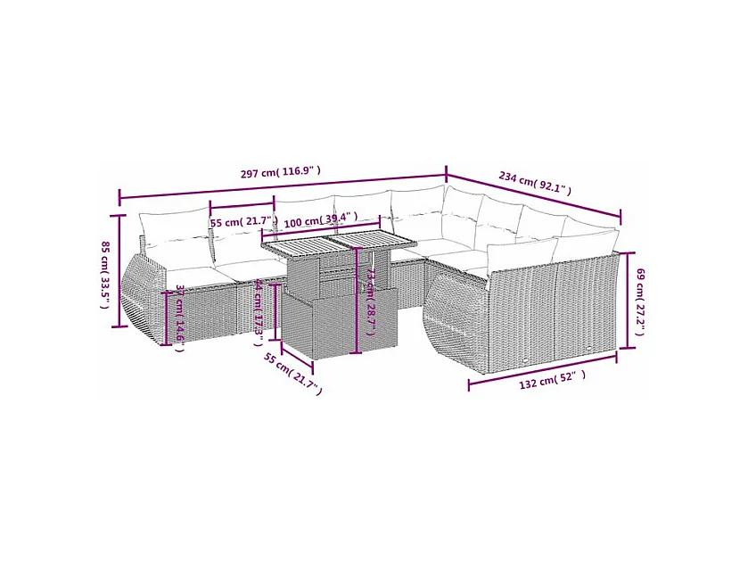 Salon de jardin avec coussins 10 pcs beige résine tressée