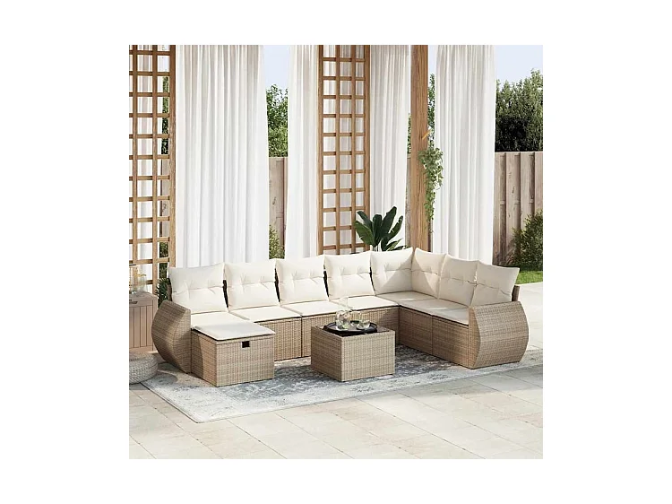Salon de jardin avec coussins 9 pcs beige résine tressée