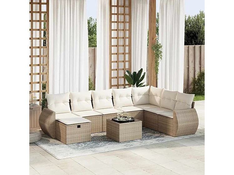 Salon de jardin avec coussins 9 pcs beige résine tressée