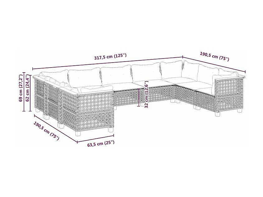 Salon de jardin avec coussins 9 pcs beige résine tressée