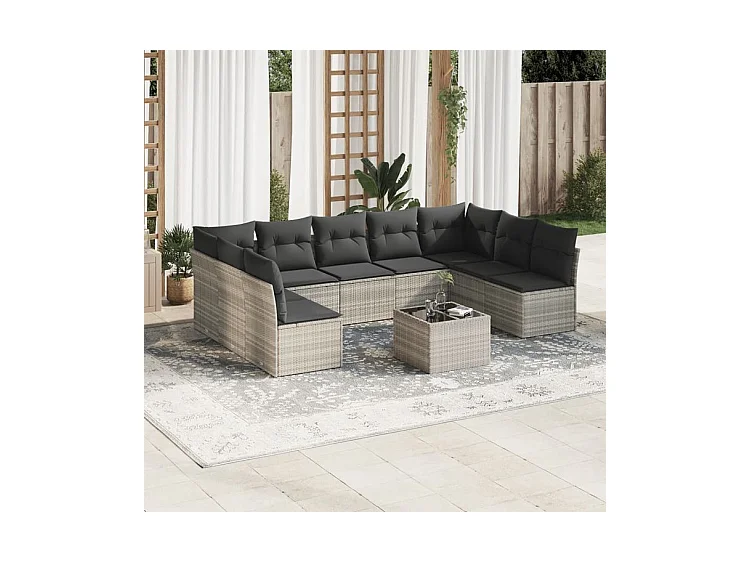 Salon de jardin avec coussins 10 pcs gris clair résine tressée