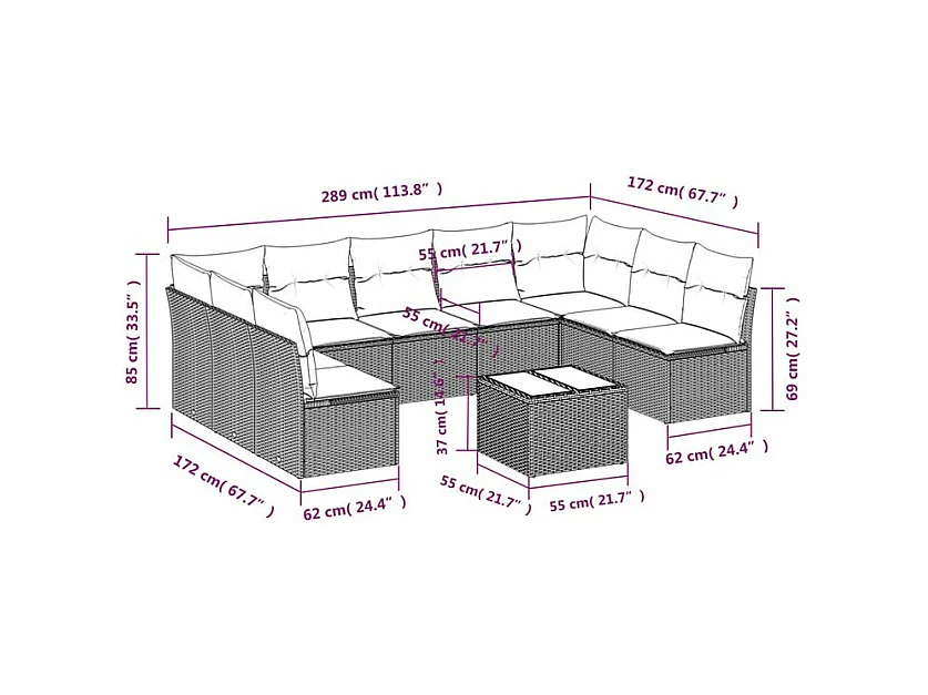 Salon de jardin avec coussins 10 pcs gris clair résine tressée