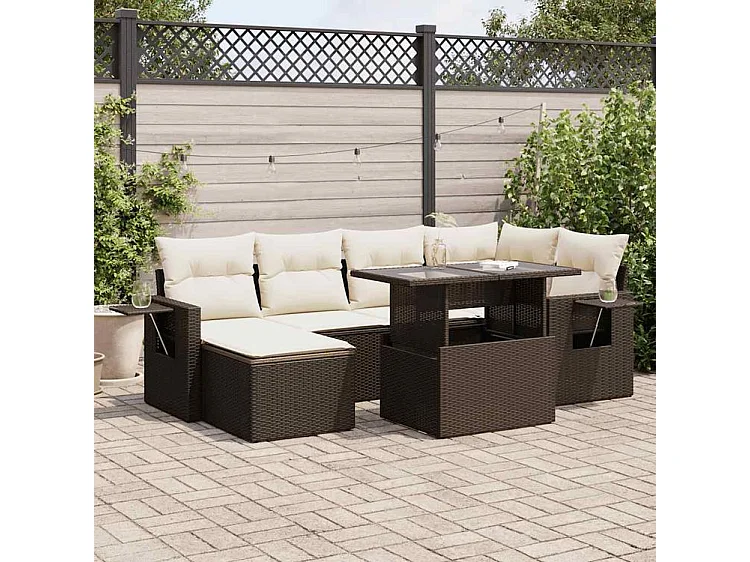 Salon de jardin avec coussins 7 pcs marron résine tressée