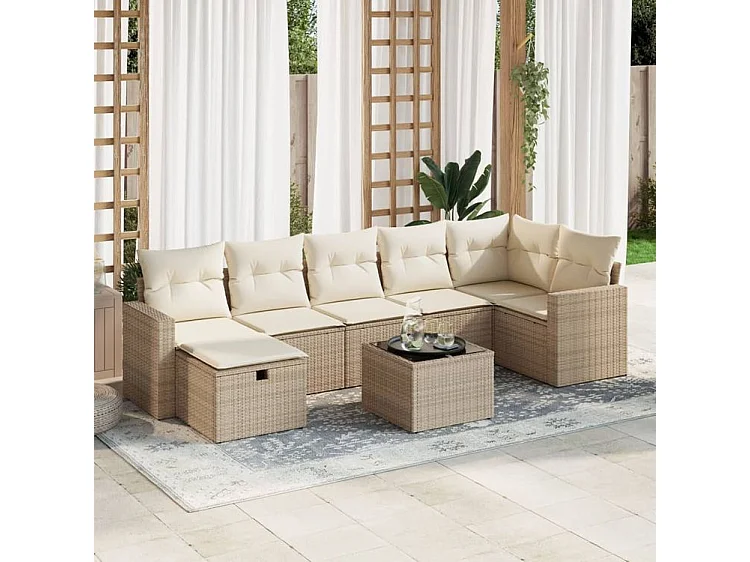 Salon de jardin avec coussins 8 pcs beige résine tressée