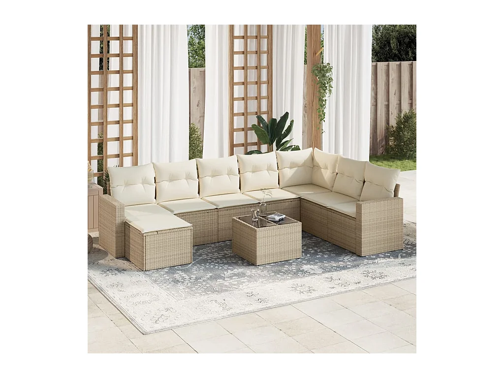 Salon de jardin avec coussins 9 pcs beige résine tressée