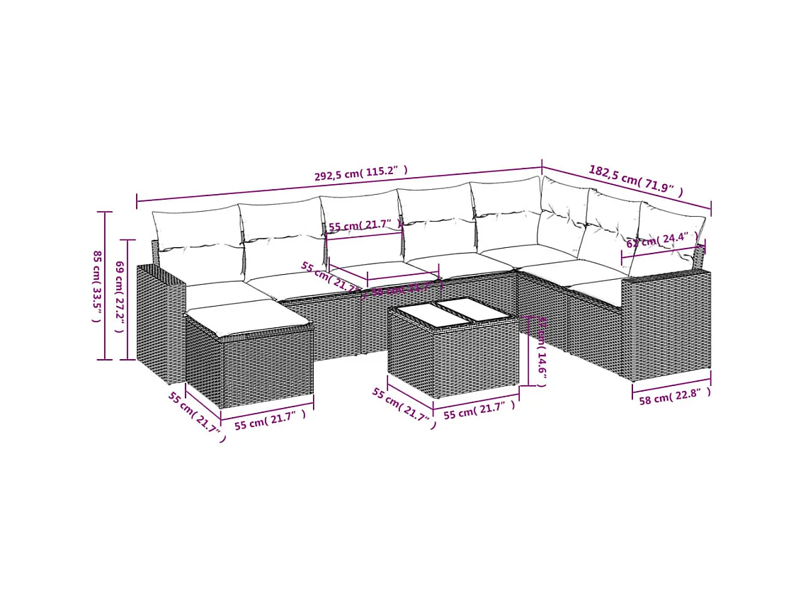 Salon de jardin avec coussins 9 pcs beige résine tressée