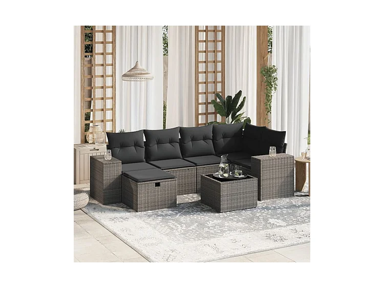 Salon de jardin avec coussins 7 pcs gris clair résine tressée