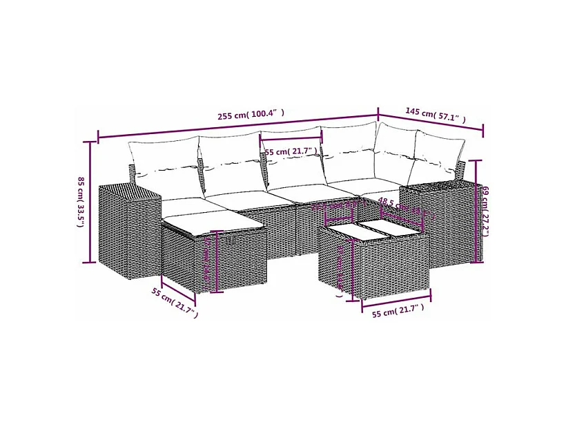 Salon de jardin avec coussins 7 pcs gris clair résine tressée
