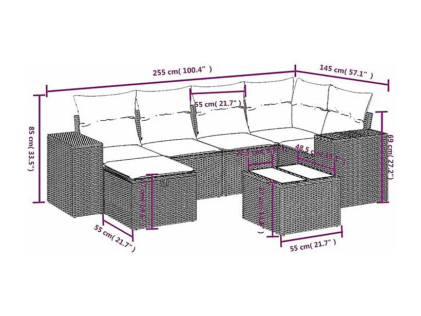 Salon de jardin avec coussins 7 pcs gris clair résine tressée