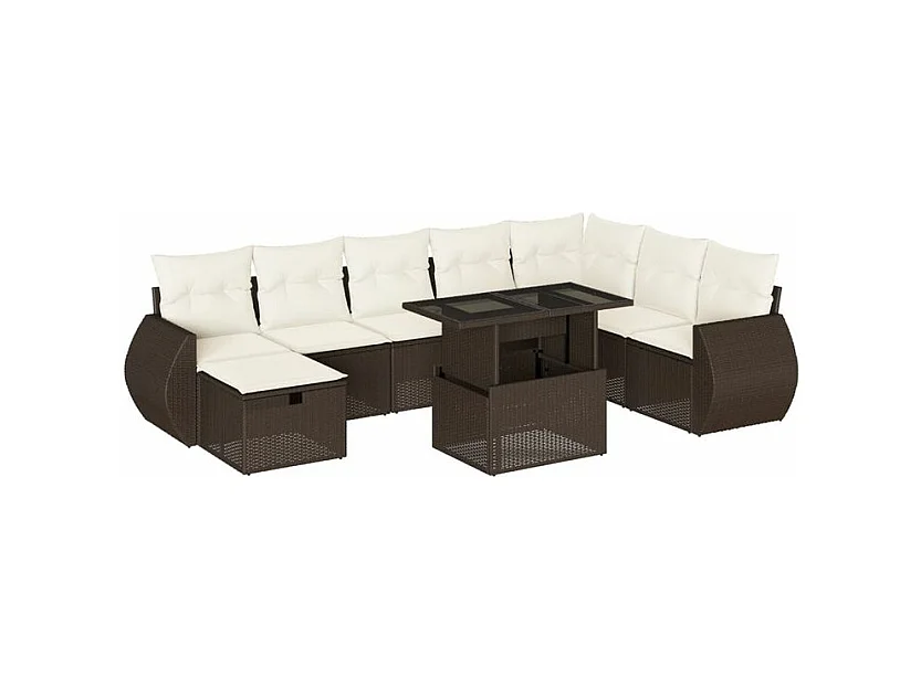 Salon de jardin avec coussins 9 pcs marron résine tressée