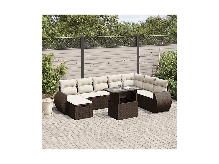 Salon de jardin avec coussins 9 pcs marron résine tressée