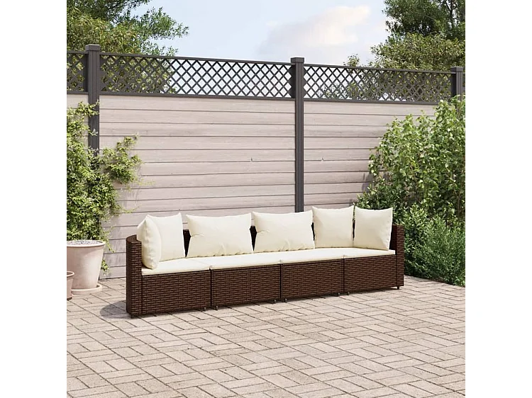 Salon de jardin 4 pcs avec coussins marron résine tressée