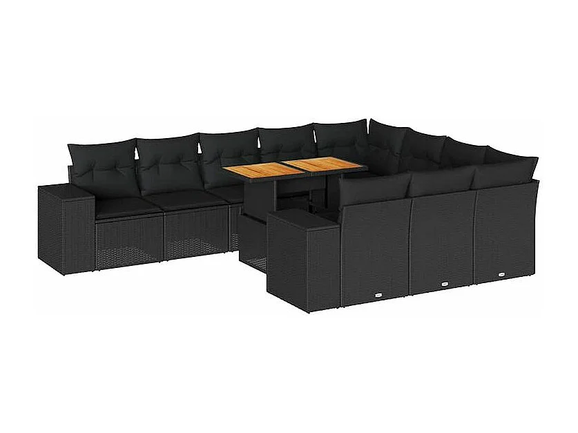 Salon de jardin 10 pcs avec coussins noir résine tressée acacia