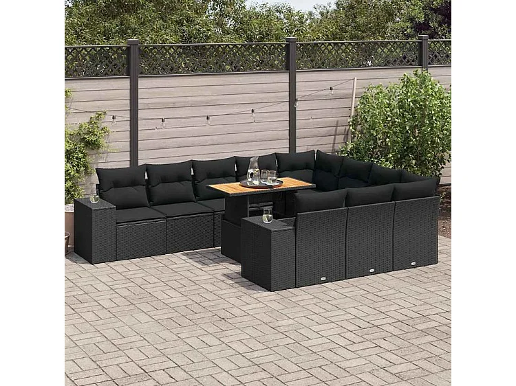 Salon de jardin 10 pcs avec coussins noir résine tressée acacia