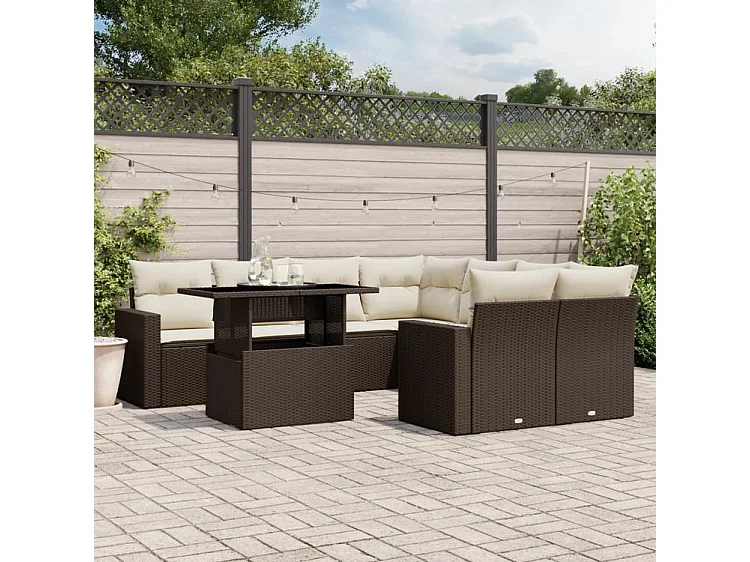 Salon de jardin avec coussins 9 pcs marron résine tressée