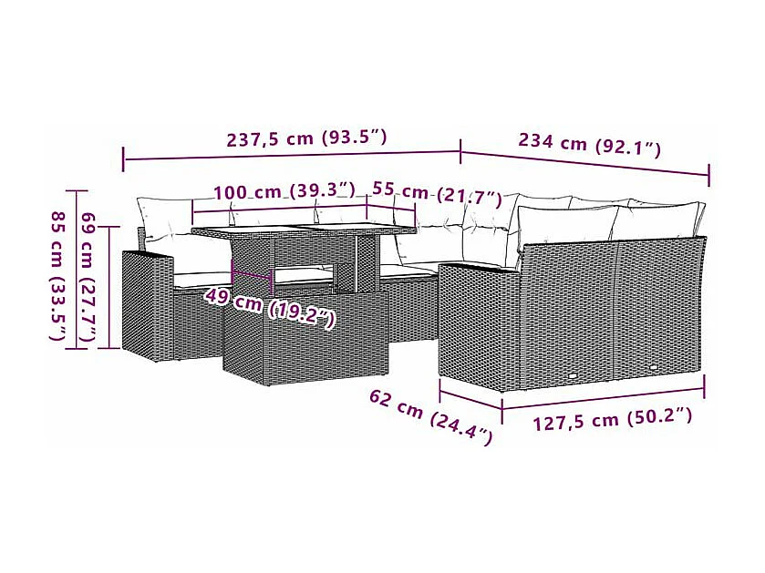 Salon de jardin avec coussins 9 pcs marron résine tressée