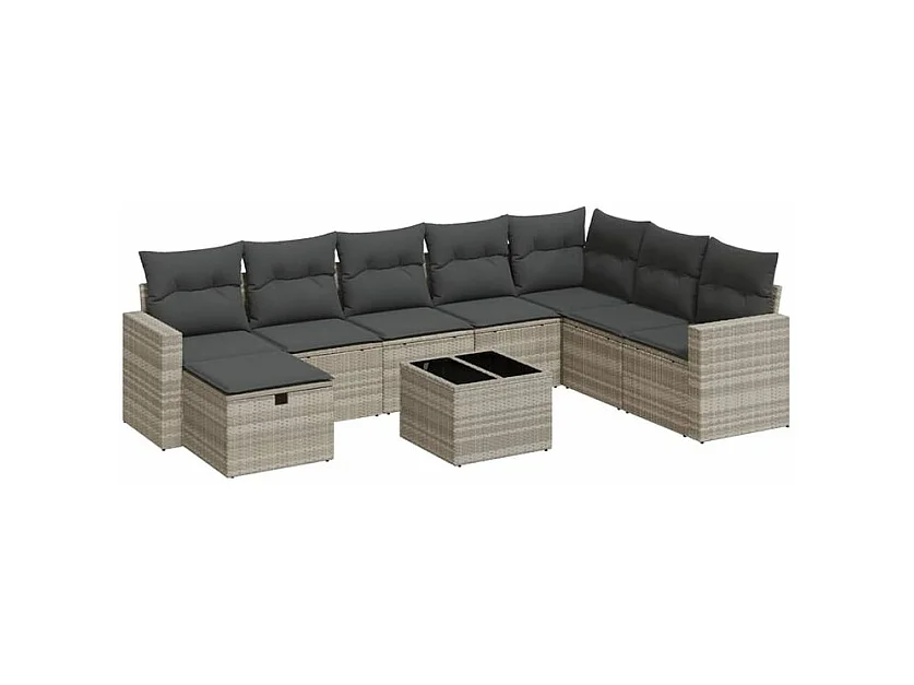 Salon de jardin 9 pcs avec coussins gris clair résine tressée