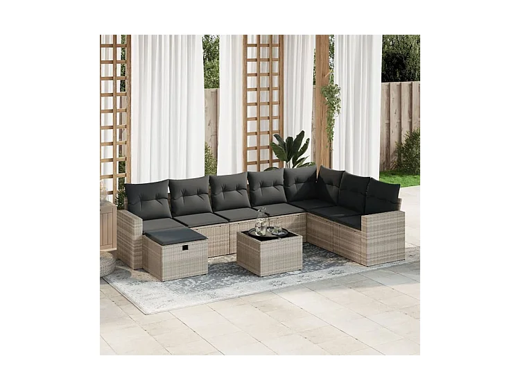 Salon de jardin 9 pcs avec coussins gris clair résine tressée
