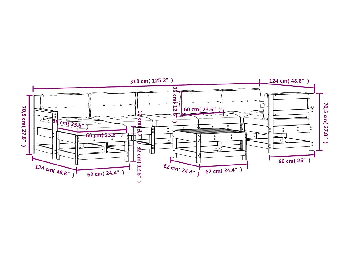 Salon de jardin 8 pcs avec coussins bois de pin imprégné