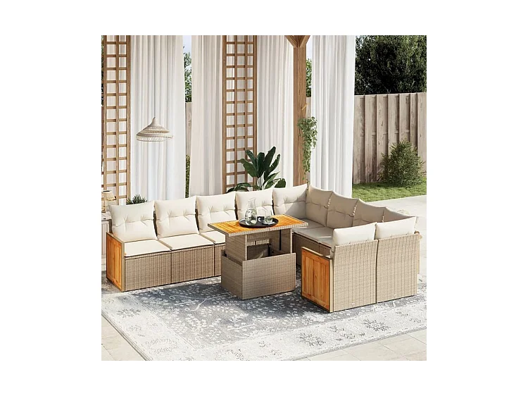 Salon de jardin avec coussins 10 pcs beige résine tressée