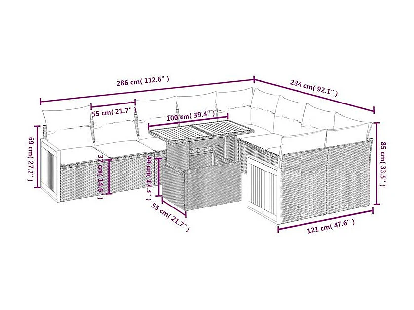 Salon de jardin avec coussins 10 pcs beige résine tressée