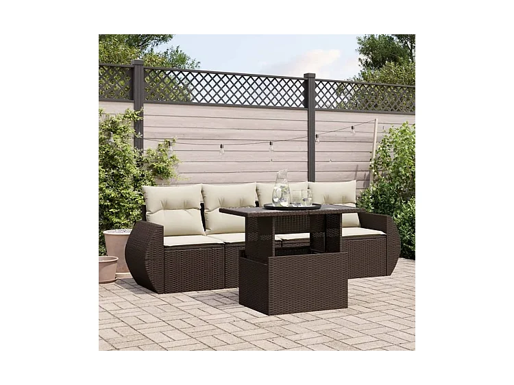 Salon de jardin avec coussins 5 pcs marron résine tressée